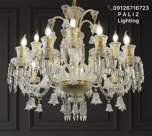 لوستر کریستال باکارات طرح فرانسه سفید با اتصالات طلایی